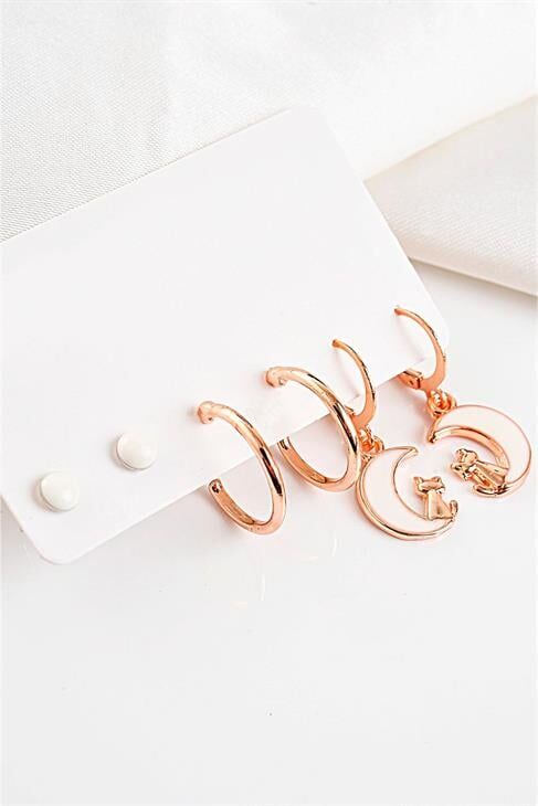 Ay Ve Kedi Tasarımlı Rose Renkli Halka Ve Top Küpeli Küpe Seti