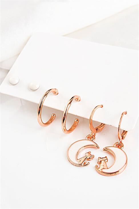 Ay Ve Kedi Tasarımlı Rose Renkli Halka Ve Top Küpeli Küpe Seti