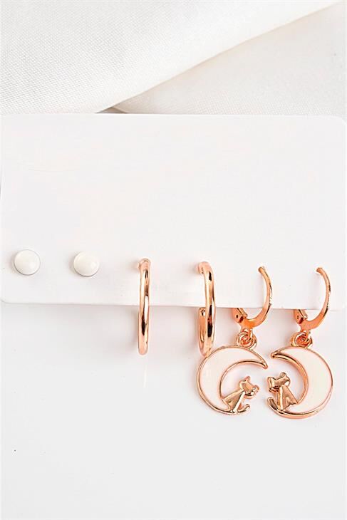 Ay Ve Kedi Tasarımlı Rose Renkli Halka Ve Top Küpeli Küpe Seti