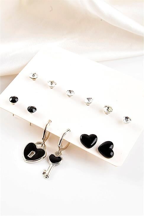 Anahtar Ve Kalp Tasarımlı Siyah Renkli Tektaşlı 12li Set Küpe
