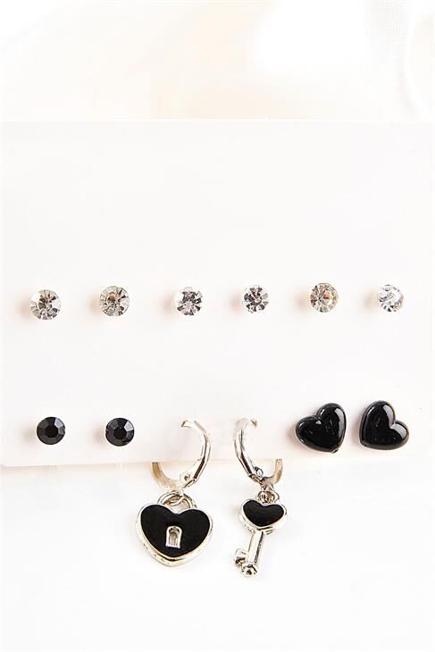 Anahtar Ve Kalp Tasarımlı Siyah Renkli Tektaşlı 12li Set Küpe