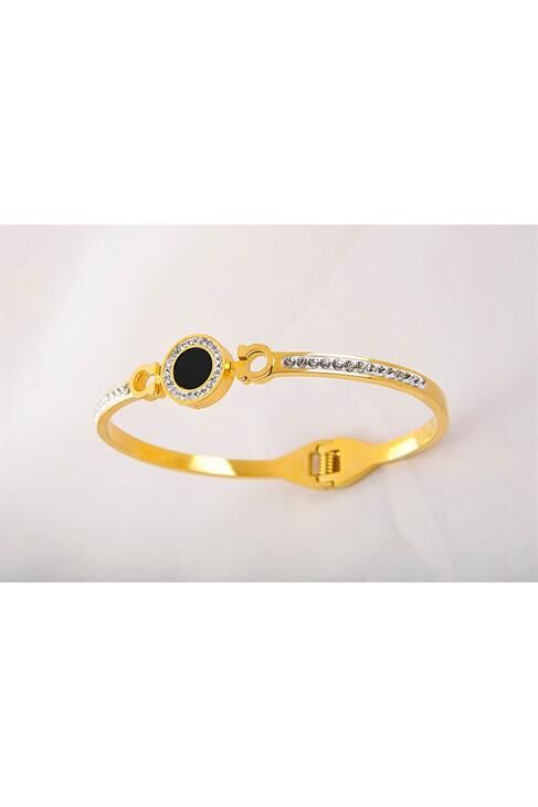 Yuvarlak Siyah Renk Tasarımlı Zirkonium Taşlı Çelik Bileklik