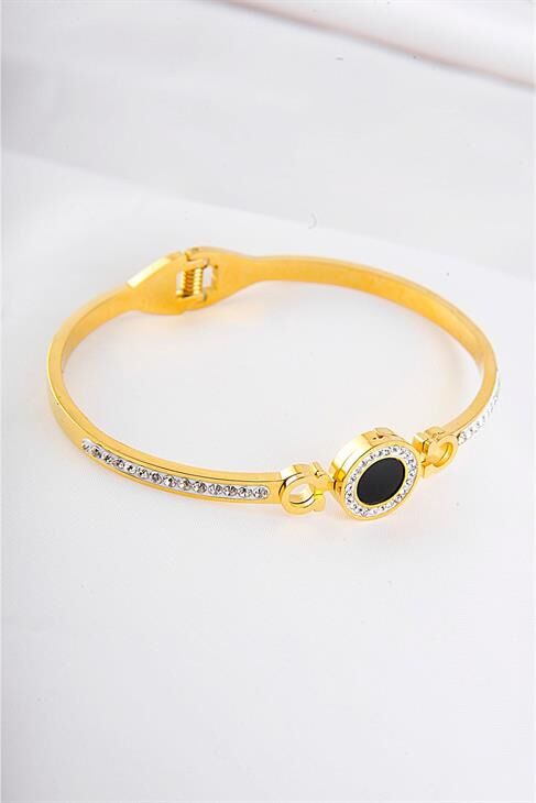 Yuvarlak Siyah Renk Tasarımlı Zirkonium Taşlı Çelik Bileklik