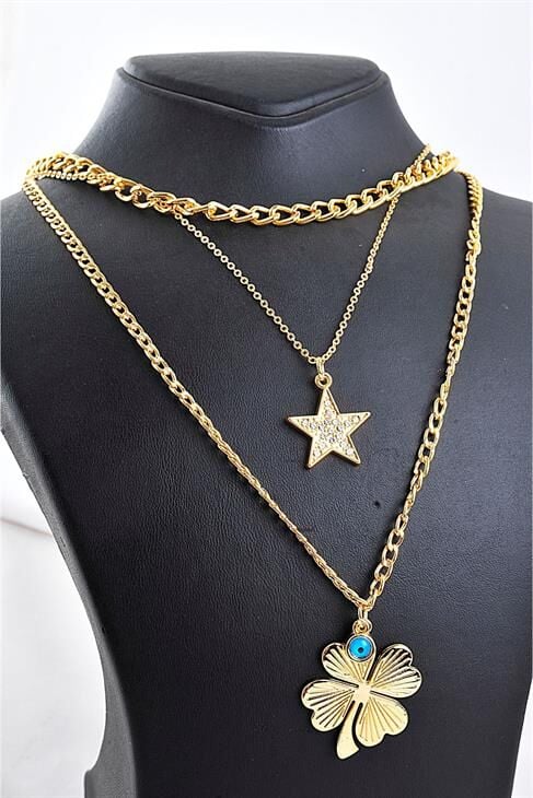 Yonca Tasarımlı Nazarlık Figürlü 3lü Kolye Seti