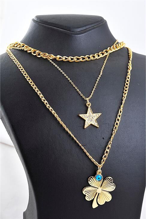 Yonca Tasarımlı Nazarlık Figürlü 3lü Kolye Seti