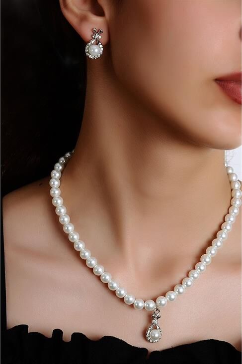 Özel Tasarımlı Inci Ve Zirkon Taşlı Kolye Küpe Takı Set