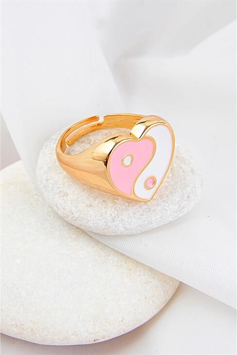 Ayarlanabilir Pembe Beyaz Renkli Kalp Tasarımlı Yüzük