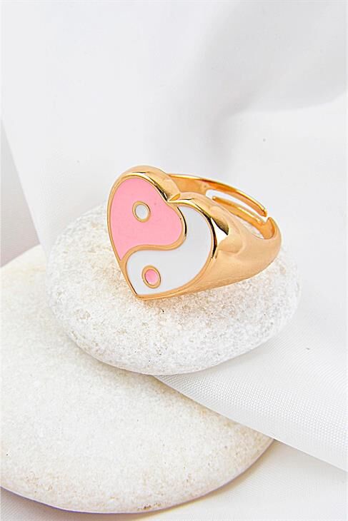 Ayarlanabilir Pembe Beyaz Renkli Kalp Tasarımlı Yüzük