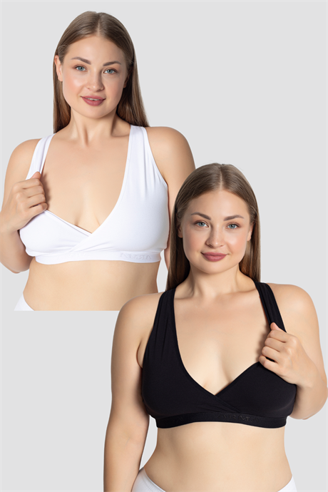 Hamile Emzirme Büstiyeri Sporcu 2'li Set Beyaz-Siyah Yarım Atlet