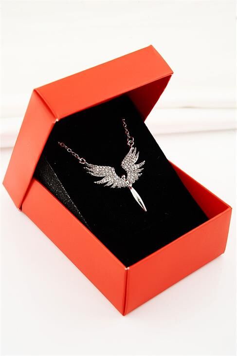 Kutulu Beyaz Taşlı Mikail Meleği Model Gümüş Kaplamalı Zirkon Taşlı Kolye