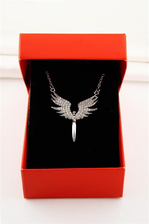 Kutulu Beyaz Taşlı Mikail Meleği Model Gümüş Kaplamalı Zirkon Taşlı Kolye