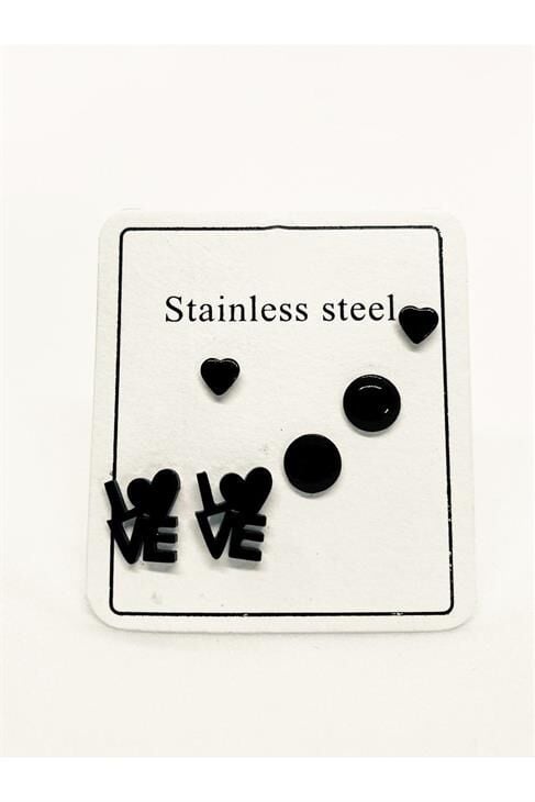 Love Tasarımlı Top Ve Kalp Küpeli Siyah Renkli Unisex Küpe Seti