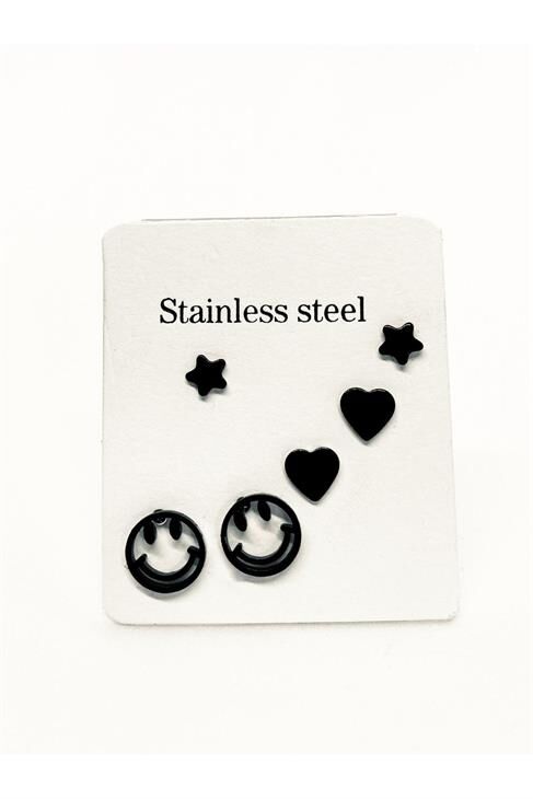 Çelik Gülen Yüz Tasarımlı Kalp Ve Yıldız Küpeli Siyah Renkli Unisex Küpe Seti