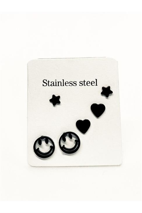 Çelik Gülen Yüz Tasarımlı Kalp Ve Yıldız Küpeli Siyah Renkli Unisex Küpe Seti