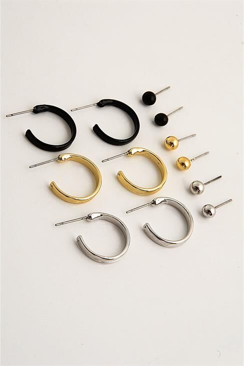 Gümüş Altın Siyah Renkleri Halka Ve Top Küpe Seti