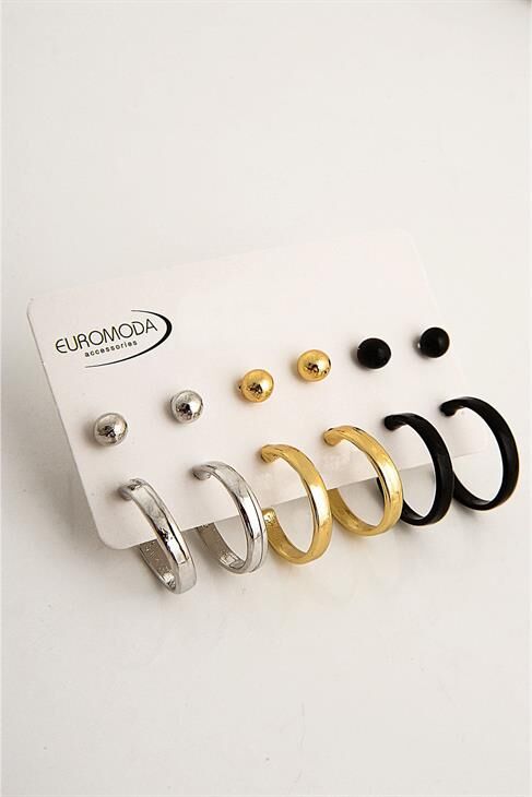 Gümüş Altın Siyah Renkleri Halka Ve Top Küpe Seti