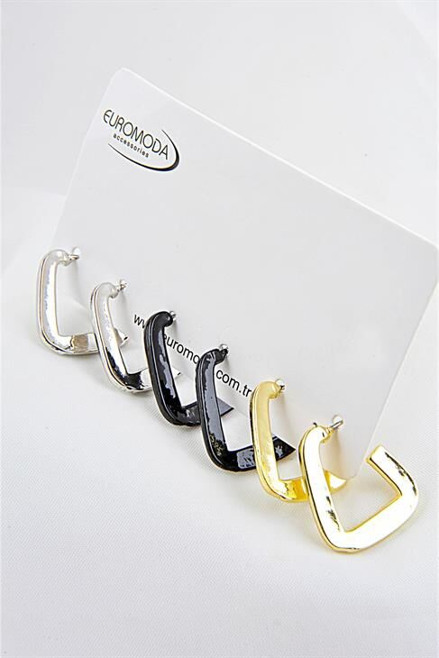 Özel Tasarımlı 6lı Siyah Gold Ve Gümüş Renkleri Küpe Seti