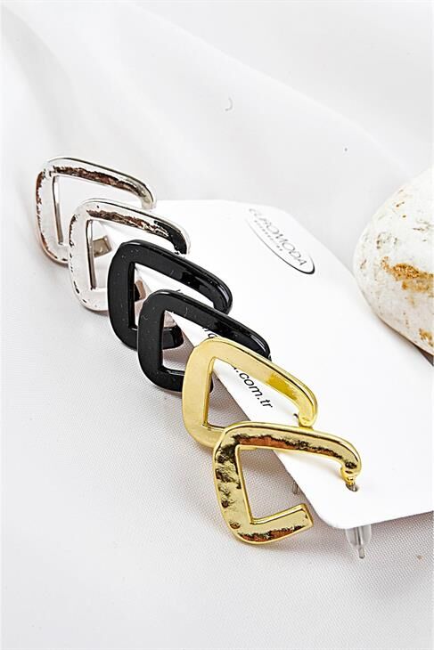 Özel Tasarımlı 6lı Siyah Gold Ve Gümüş Renkleri Küpe Seti