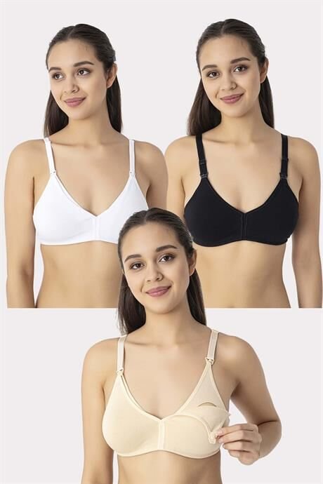 3'lü Renkli Kadın Pamuklu Likralı Esnek Rahat Balensiz Kapsız Hamile Emzirme Sütyeni