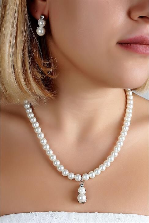 Özel Tasarımlı Inci Ve Zirkon Taşlı Kolye Küpe Takı Set