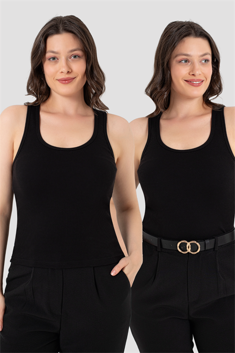 Kadın Fitilli Görünümlü Kalın Askılı Basic Siyah Atlet 2'li Paket