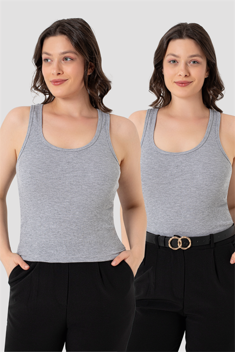 Kadın Fitilli Görünümlü Kalın Askılı Basic Gri Atlet 2'li Paket