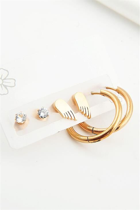 Çelik Kanat Tasarımlı Halka Ve Tektaş Küpeli 3lü Çelik Küpe Seti