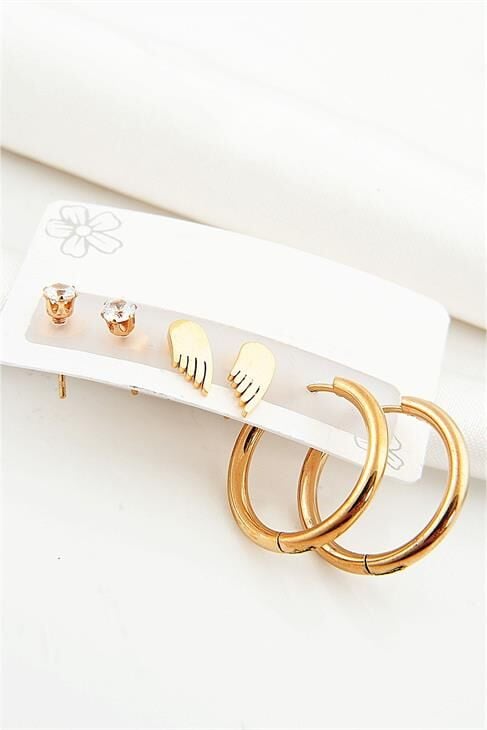 Çelik Kanat Tasarımlı Halka Ve Tektaş Küpeli 3lü Çelik Küpe Seti