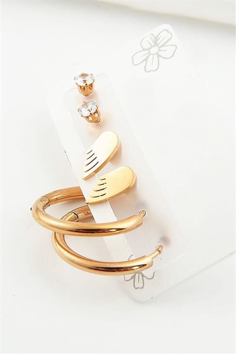 Çelik Kanat Tasarımlı Halka Ve Tektaş Küpeli 3lü Çelik Küpe Seti