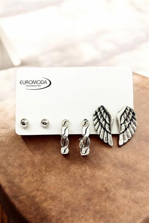 Eskitme Model Kanat Tasarımı Ve Desenli Halkalı Top Küpeli Antik Gümüş Kaplamalı Unısex Küpe Seti