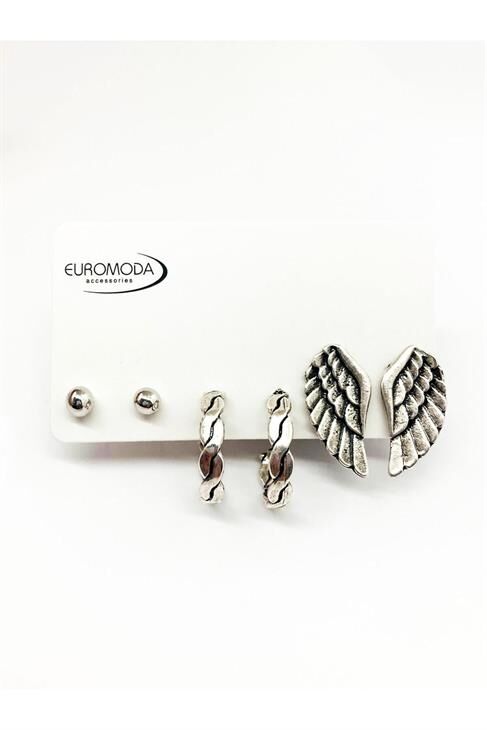 Eskitme Model Kanat Tasarımı Ve Desenli Halkalı Top Küpeli Antik Gümüş Kaplamalı Unısex Küpe Seti