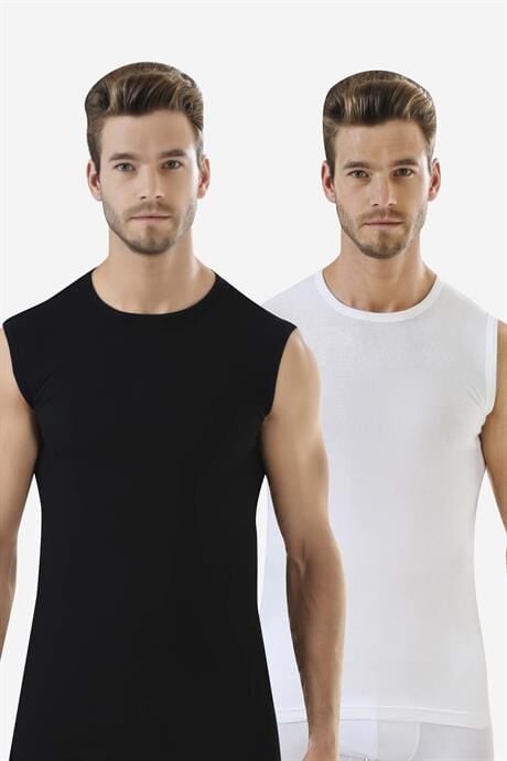 Erkek Beyaz - Siyah Tişört Sıfır Kol Sıfır Yaka Kolsuz Atlet 2'li %100 Pamuk