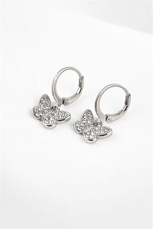 Kelebek Tasarımlı Gümüş Renkli Zirkon Taşlı Küpe