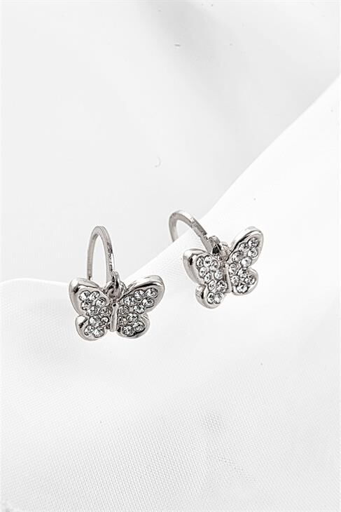 Kelebek Tasarımlı Gümüş Renkli Zirkon Taşlı Küpe