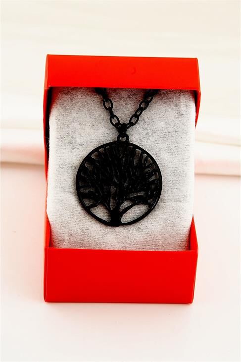 Kutulu Yaşam Ağacı Tasarımlı Siyah Renkli Zincirli Kolye