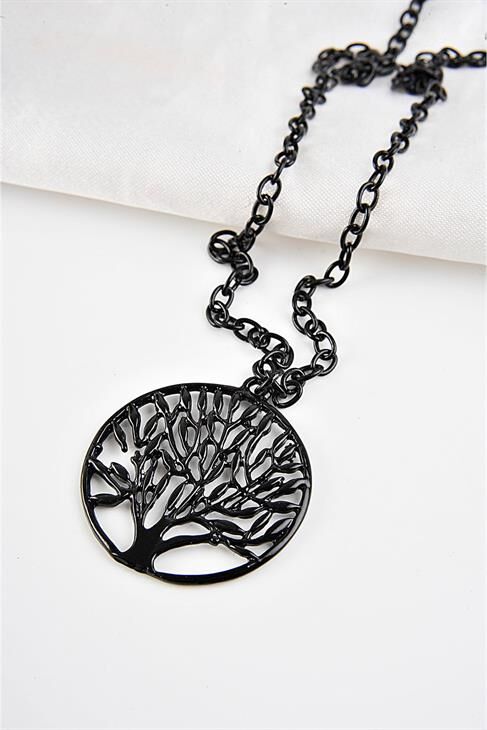 Kutulu Yaşam Ağacı Tasarımlı Siyah Renkli Zincirli Kolye