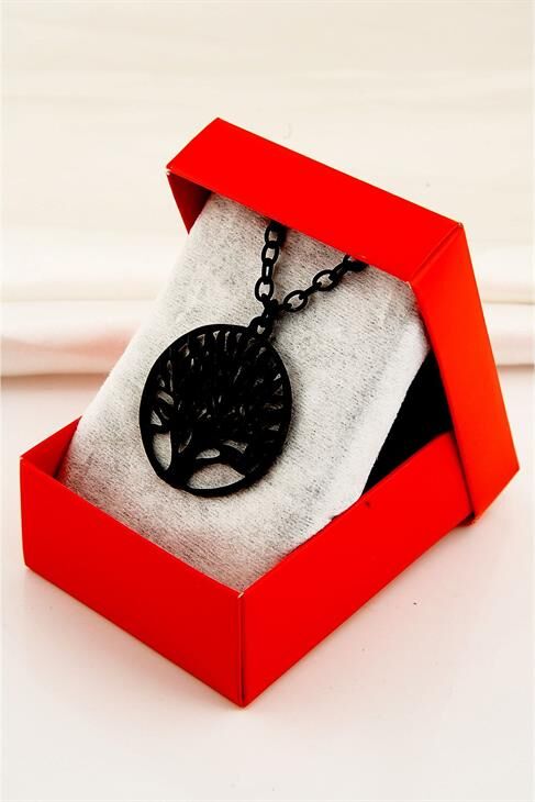 Kutulu Yaşam Ağacı Tasarımlı Siyah Renkli Zincirli Kolye