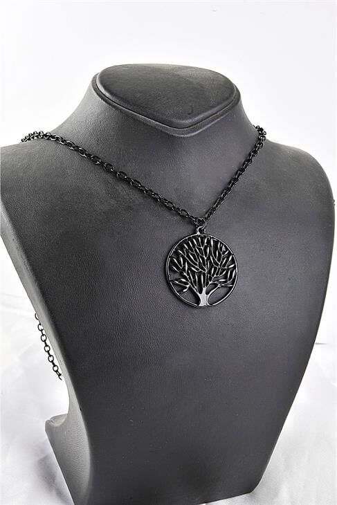 Kutulu Yaşam Ağacı Tasarımlı Siyah Renkli Zincirli Kolye
