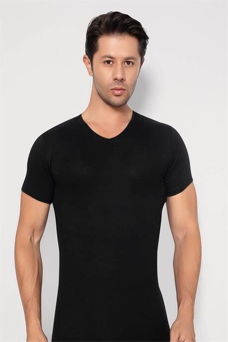 Erkek Siyah Bambu Tişört V Yaka Kısa Kollu Fanila