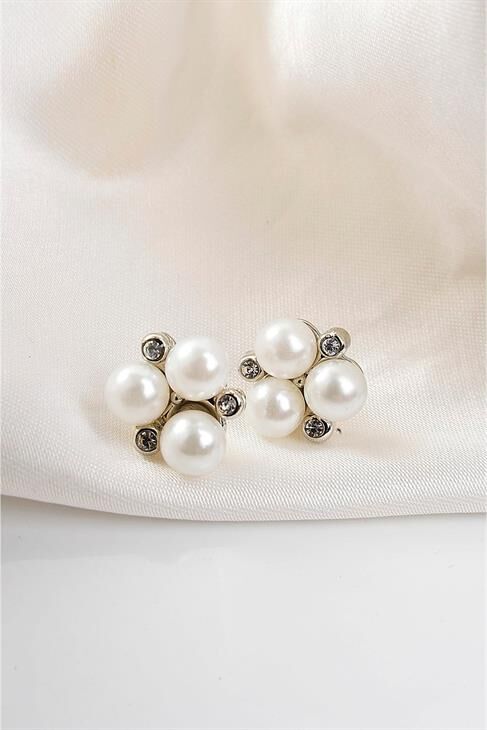 Incili Ve Zirkon Taşlı Gümüş Kaplamalı Vidalı Küpe