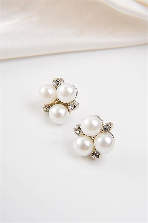 Incili Ve Zirkon Taşlı Gümüş Kaplamalı Vidalı Küpe