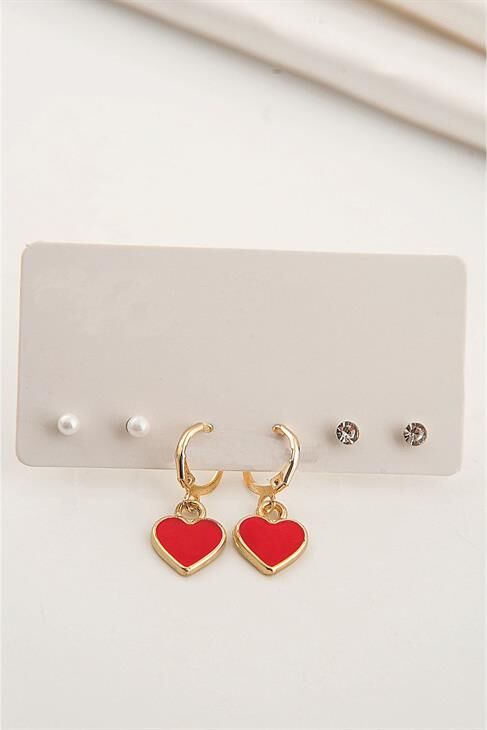 Kırmızı Renkli Kalp Tasarımlı Gold Kaplamalı Sallantılı Küpe