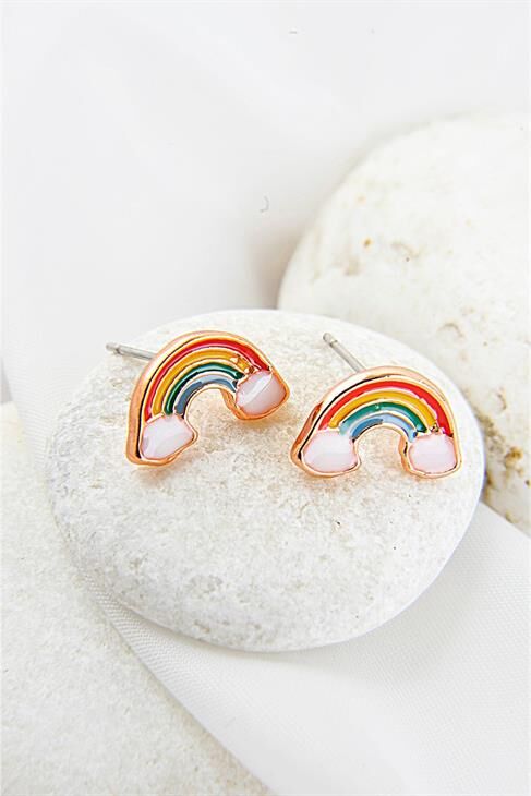 Minik Gökkuşağı Tasarımlı Rose Kaplamalı Vidalı Küpe