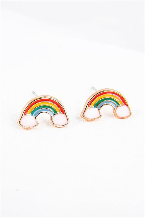 Minik Gökkuşağı Tasarımlı Rose Kaplamalı Vidalı Küpe