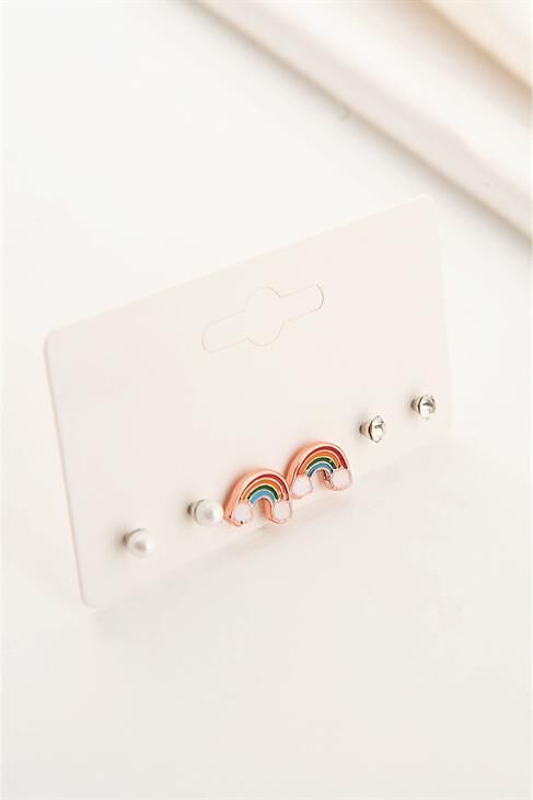 Minik Gökkuşağı Tasarımlı Rose Kaplamalı Vidalı Küpe