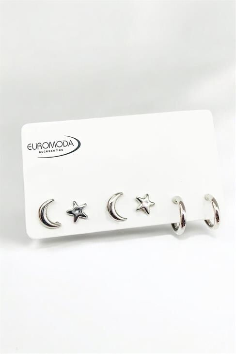 Ay Yıldız Ve Halka Küpeli Gümüş Renkli 6lı Küpe Seti