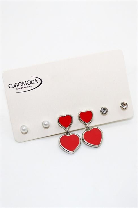 2li Kalp Tasarımlı Kırmızı Renkli Gümüş Kaplamalı Vidalı Sallantılı Küpe