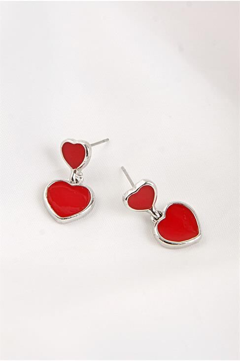 2li Kalp Tasarımlı Kırmızı Renkli Gümüş Kaplamalı Vidalı Sallantılı Küpe