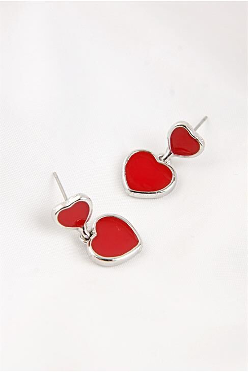 2li Kalp Tasarımlı Kırmızı Renkli Gümüş Kaplamalı Vidalı Sallantılı Küpe
