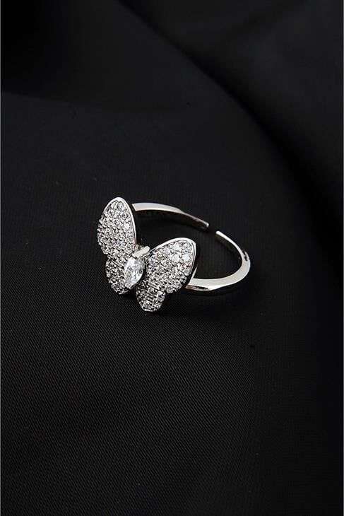 Ayarlanabilir Kelebek Tasarımlı Zirkonium Taşlı Gümüş Renkli Yüzük
